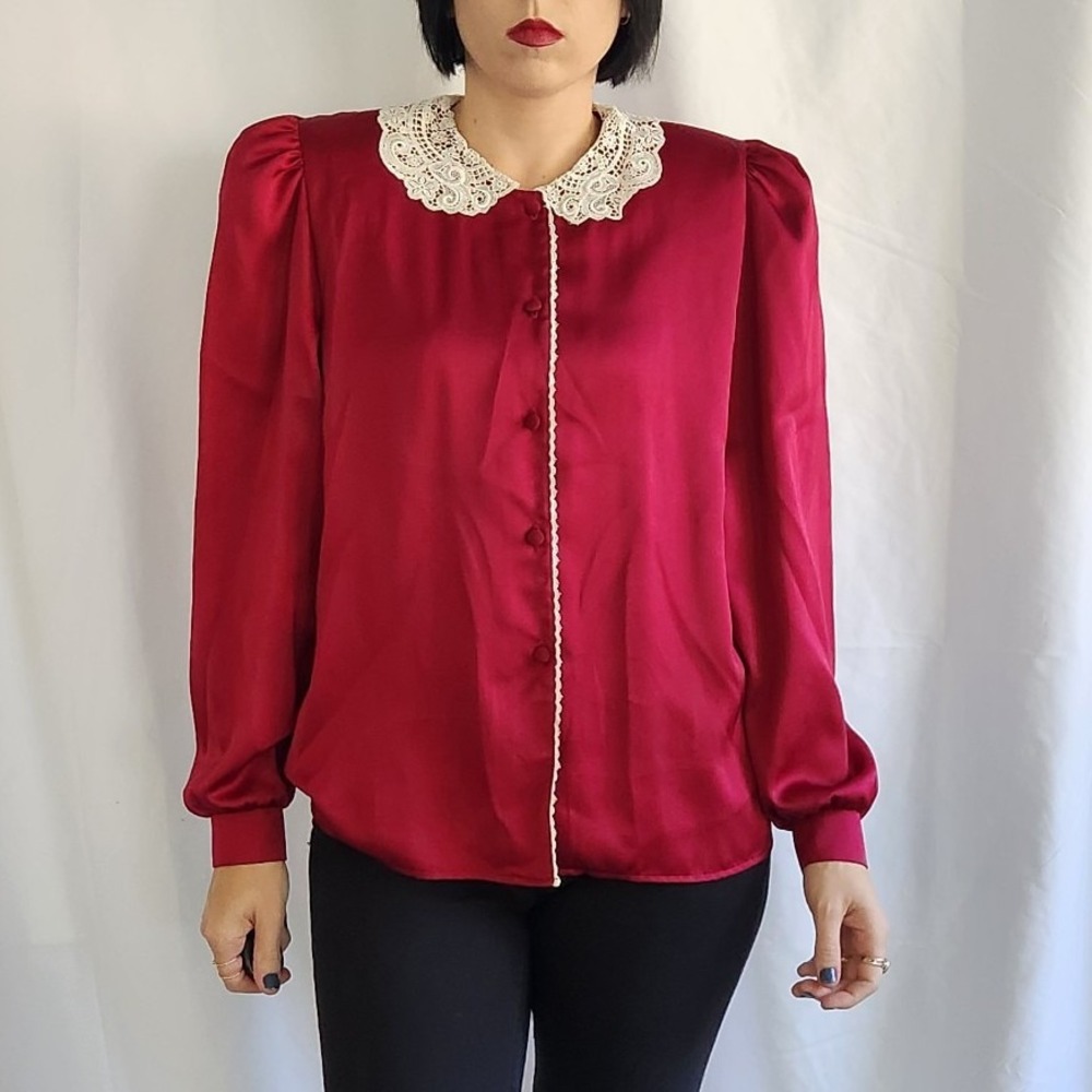 80s Cranberry Red Blouse with Lace Collar - Picture 4 of 5
